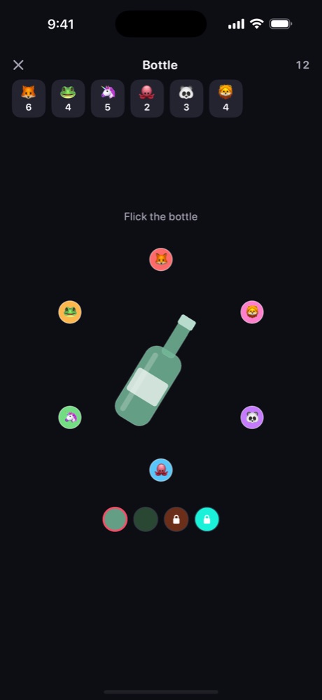 The spin the bottle screen with six players