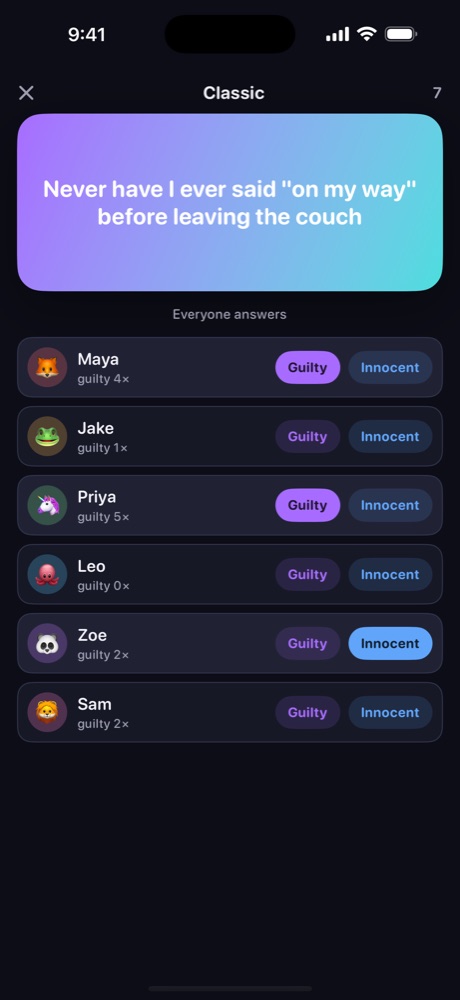 A statement card with guilty and innocent buttons for each player